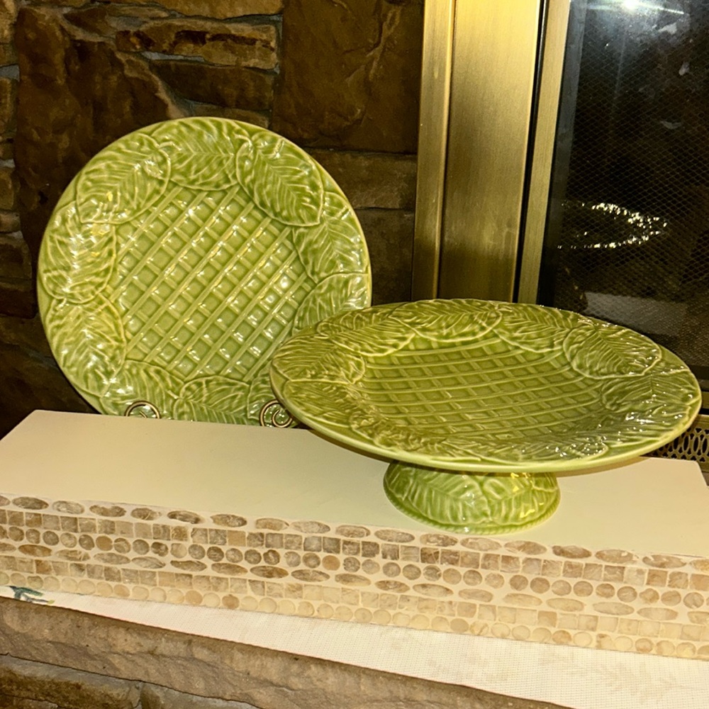 BORDALLO PINHEIRO LEAF SERVICE JADE CAKE STAND LEAF LATTICE PORTUGAL & PLATE